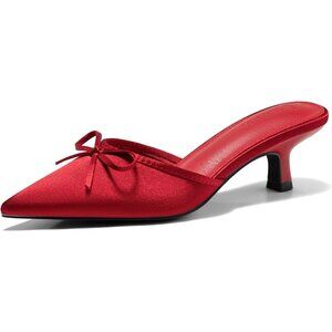 🆕 Womens Red Satin Kitten Heel Mules Bow Slip-On Pointed Toe Dress Pumps